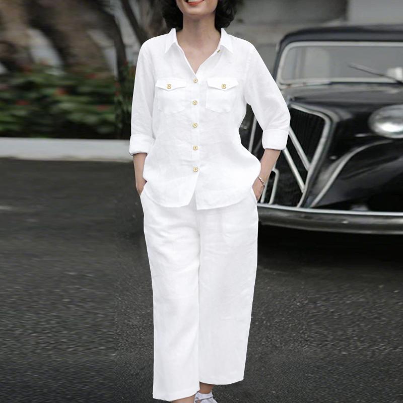 

ZANZEA Женский свободный блузон с рукавом 3/4 и брюки, повседневные костюмы-двойки 5XL белый