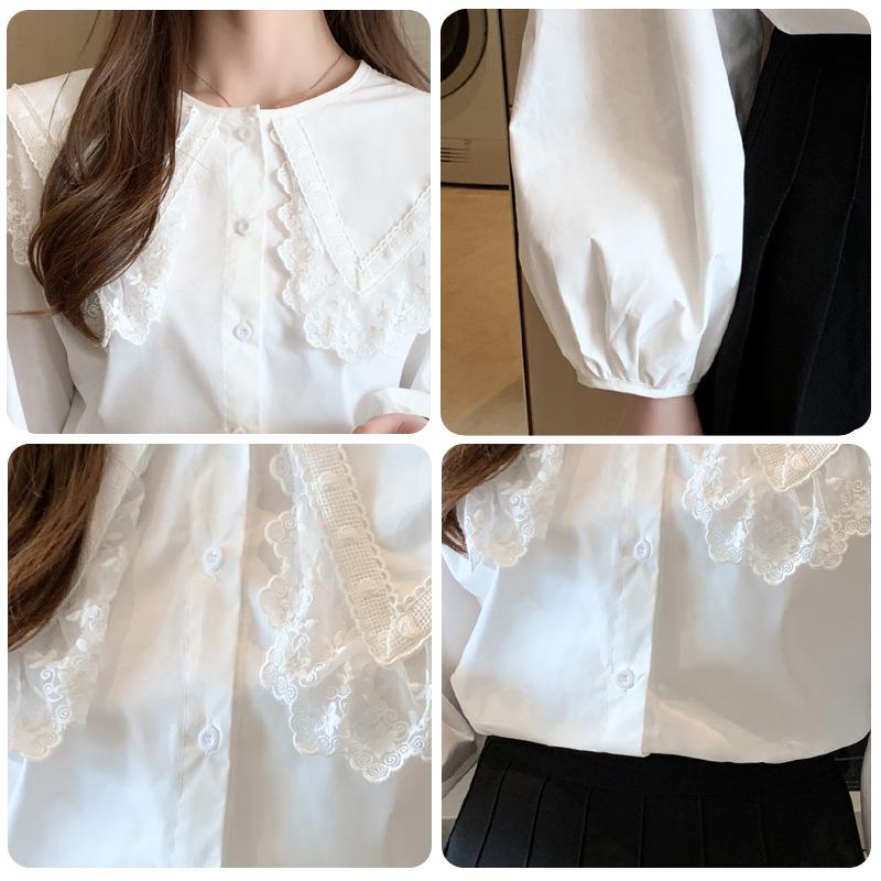 Korean Style Doll Collar Lace Trim Long Sleeve Shirt for Spring & Autumn