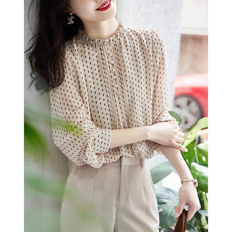 Dme [Polka Dot Puff Sleeve Blouse], Spring And Autumn Stand-Collar Fitted Long-Sleeve Commuter Shirt, Women's Top