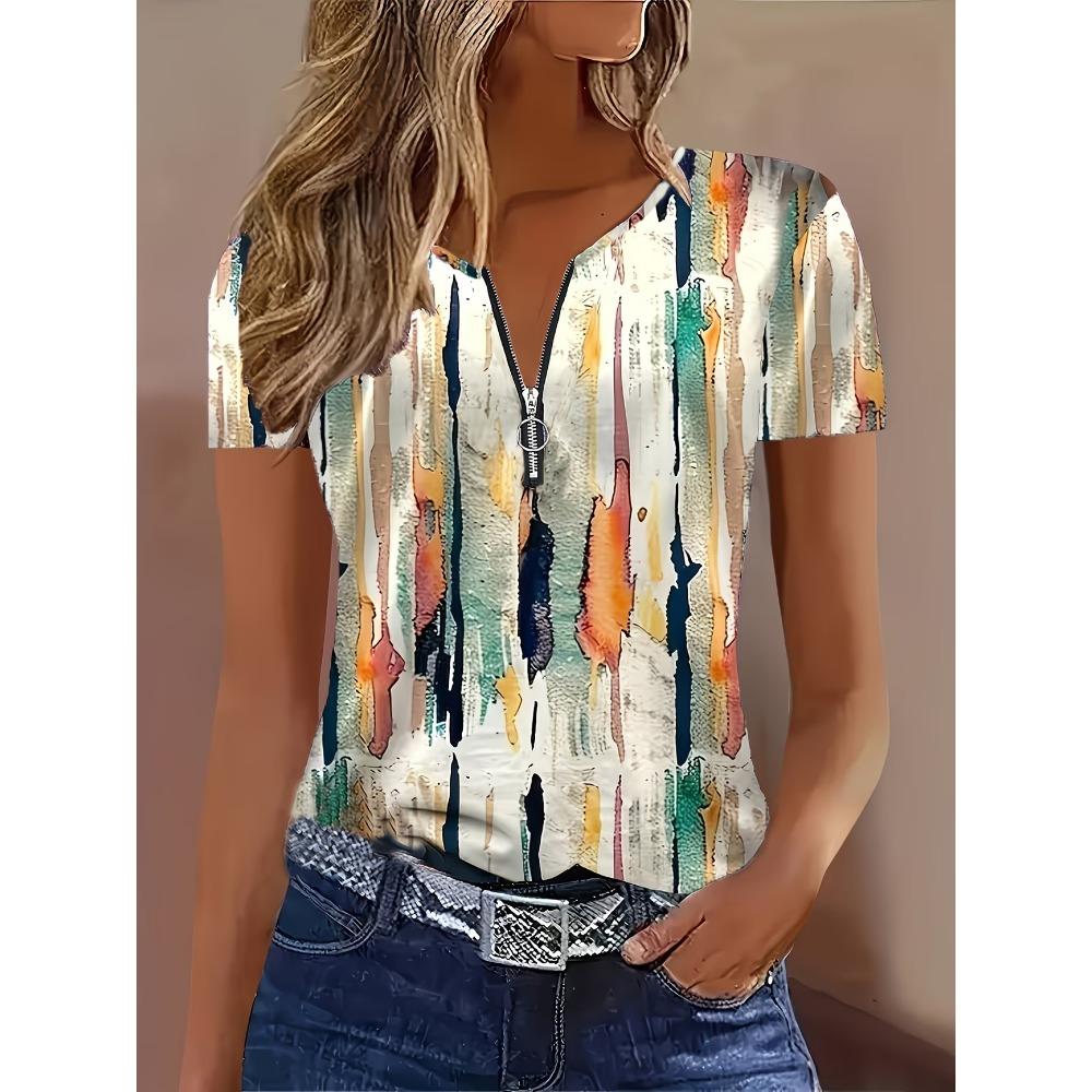 

Summer Loose T-shirt Fashionable and Elegant Zipper V-neck Color Blocked Printed T-shirt Plus Size Women s Short Sleeved Shirt L