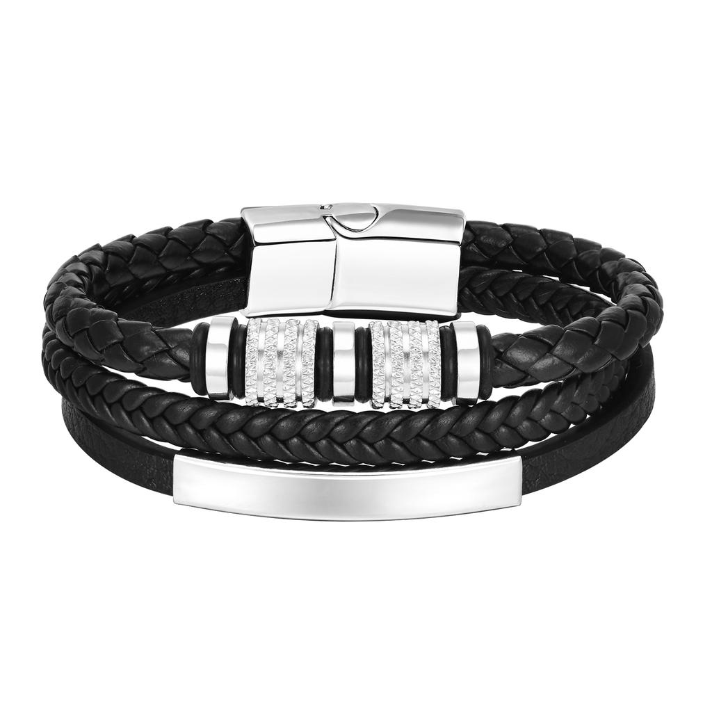 Custom Multi Layers Leather Bracelet for Men,Classic Metal Tube Handmade Braided Wristband,Gift for Husband Father Boyfriend