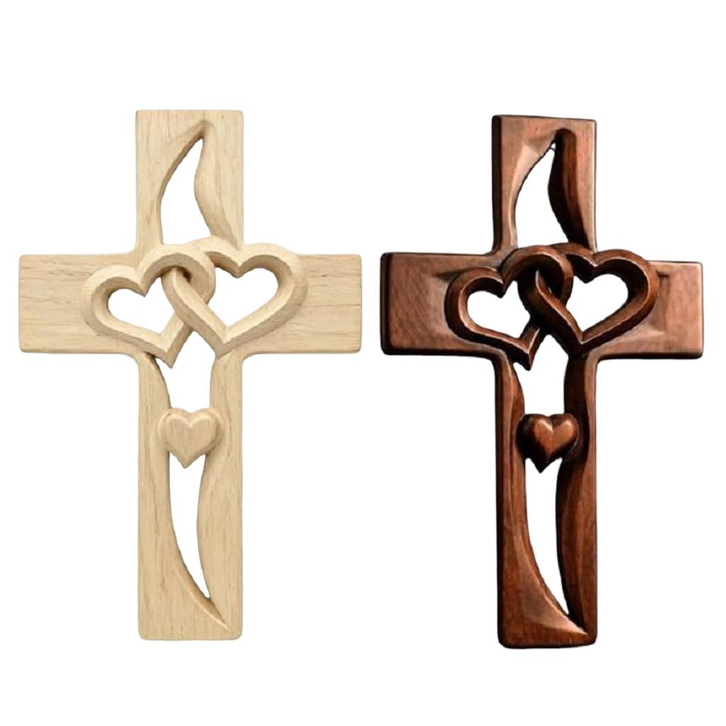 Hand-Carved Intertwined Heart Wooden Cross Handmade Wood Hanging Cross Wall Decor Marriage Cross for Wedding Valentines Day Gift