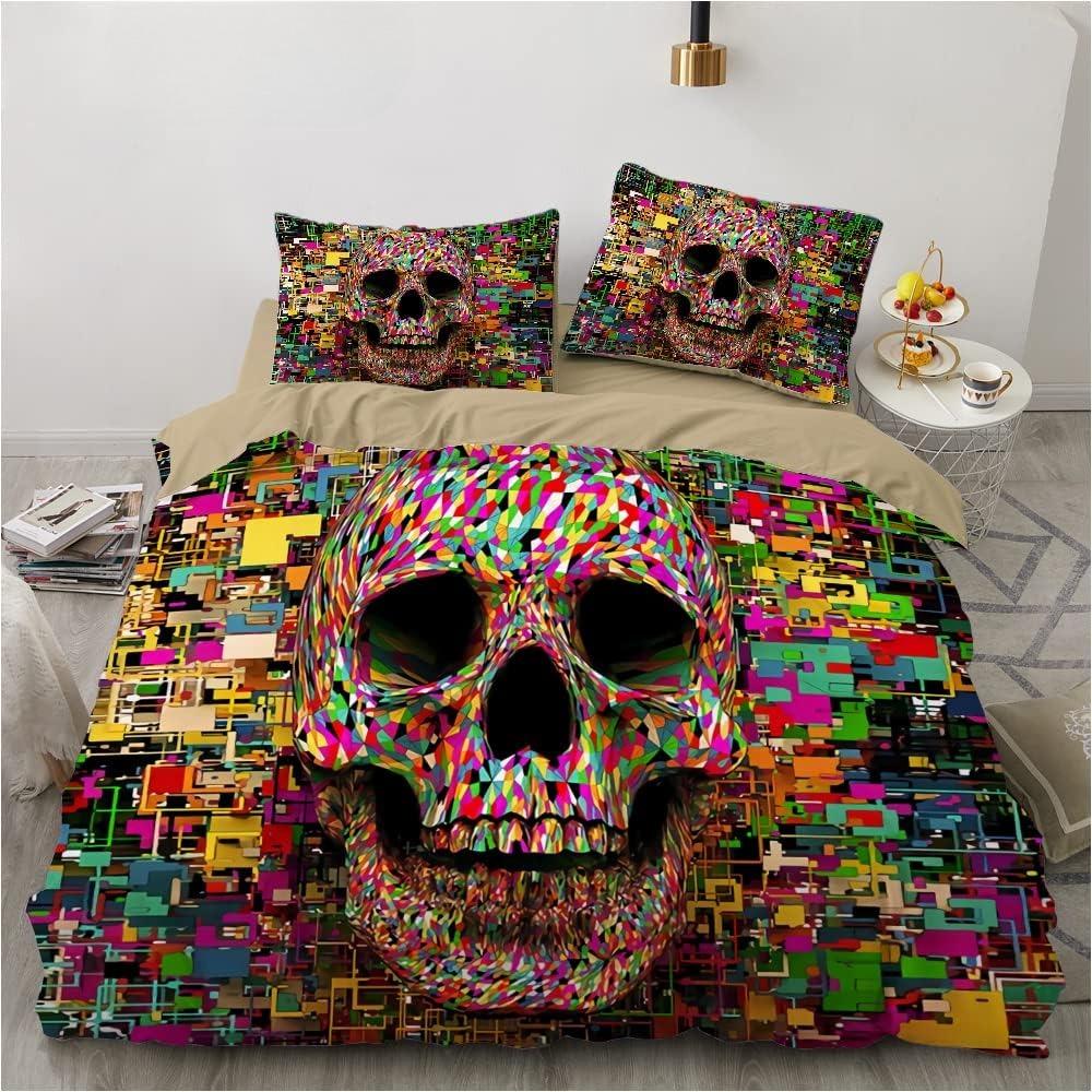 3D printed Gothic skull rose microfiber duvet cover soft and comfortable 3-piece bedding set with zipper and 2 pillowcases