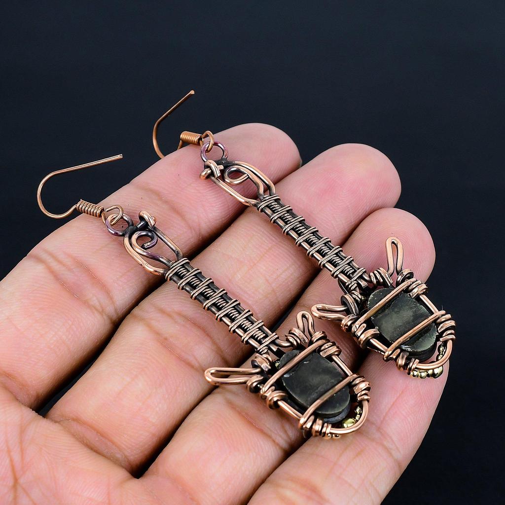 Golden Apache Pyrite 999 Copper Wire Wrapped Earrings, Handmade Gemstone Jewelry Earrings, For Memorial Day