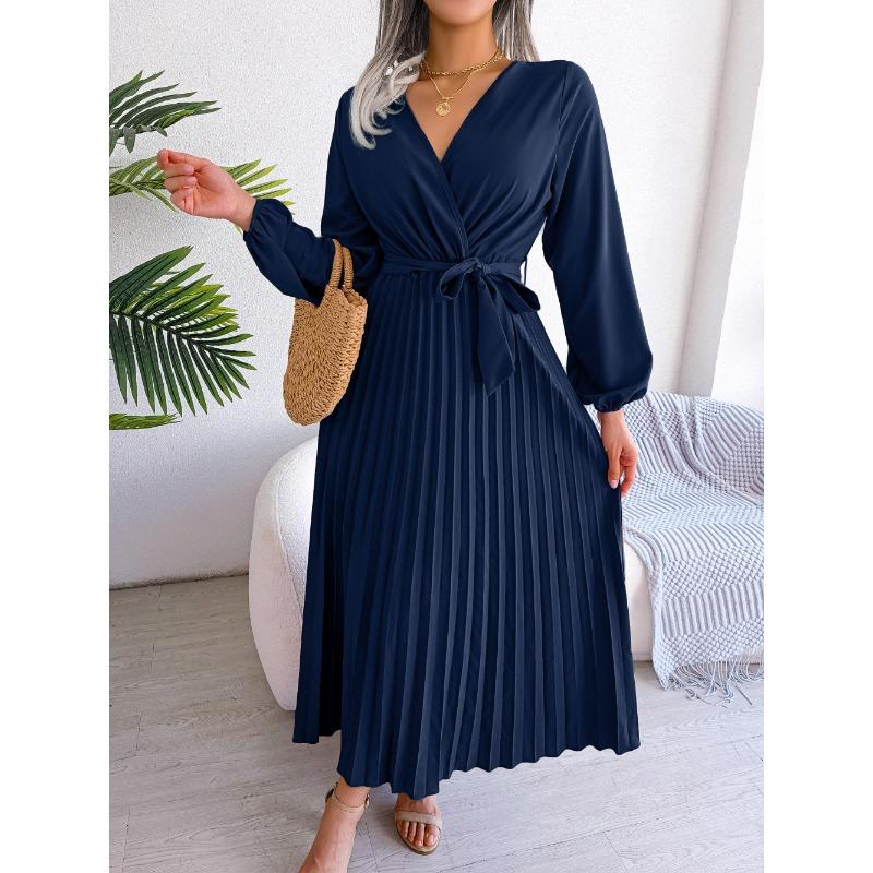 Women Cross V Neck High Waist Long Sleeve Solid Color Pleated Big Swing Maxi Dress