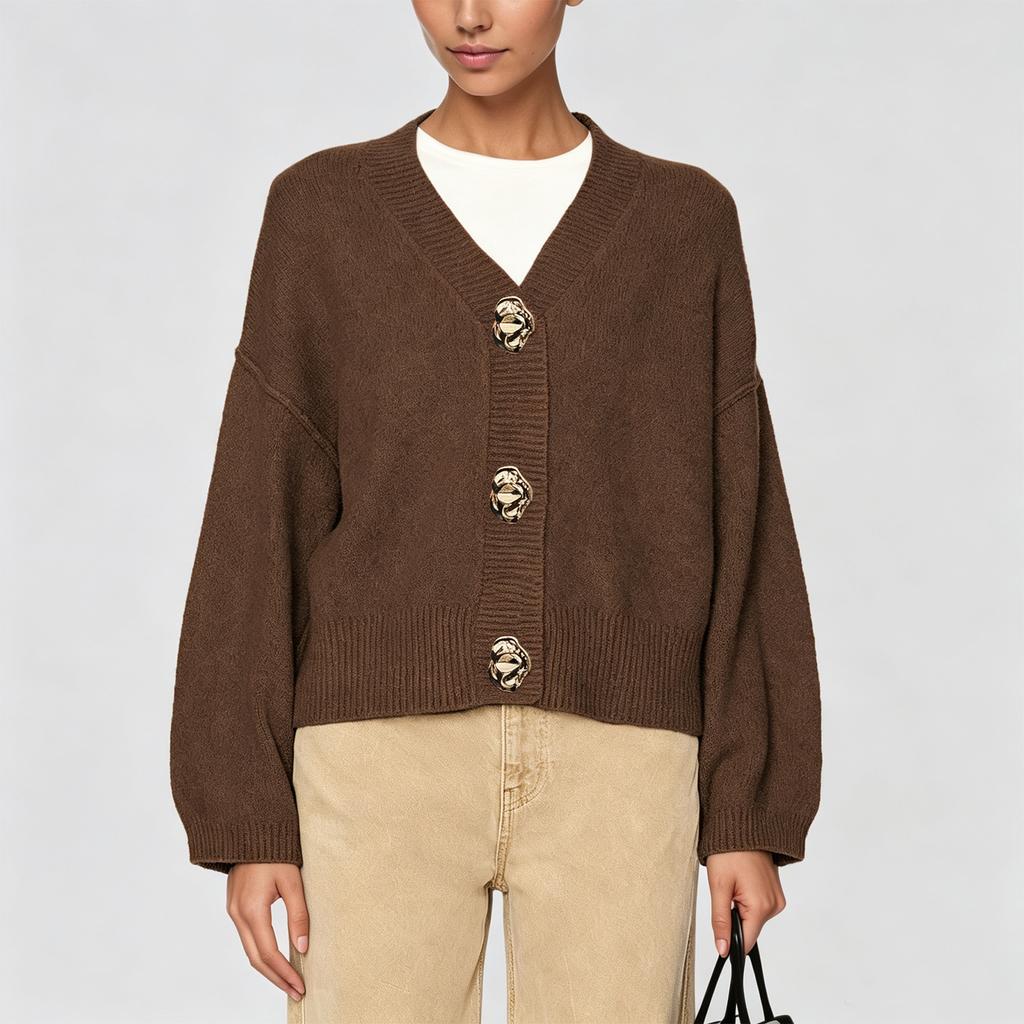 Damen Strickjacke Farbe Rundhals Lockerer Schnitt Langarm mit Großen Knöpfen