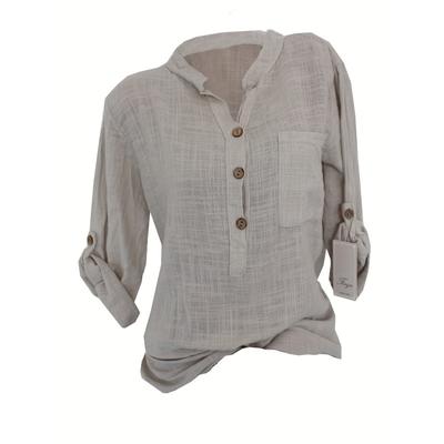 Women Solid Color Button V Neck Cotton Linen Blouse Cotton Linen Plus Size Pocket Tops Spring Autumn