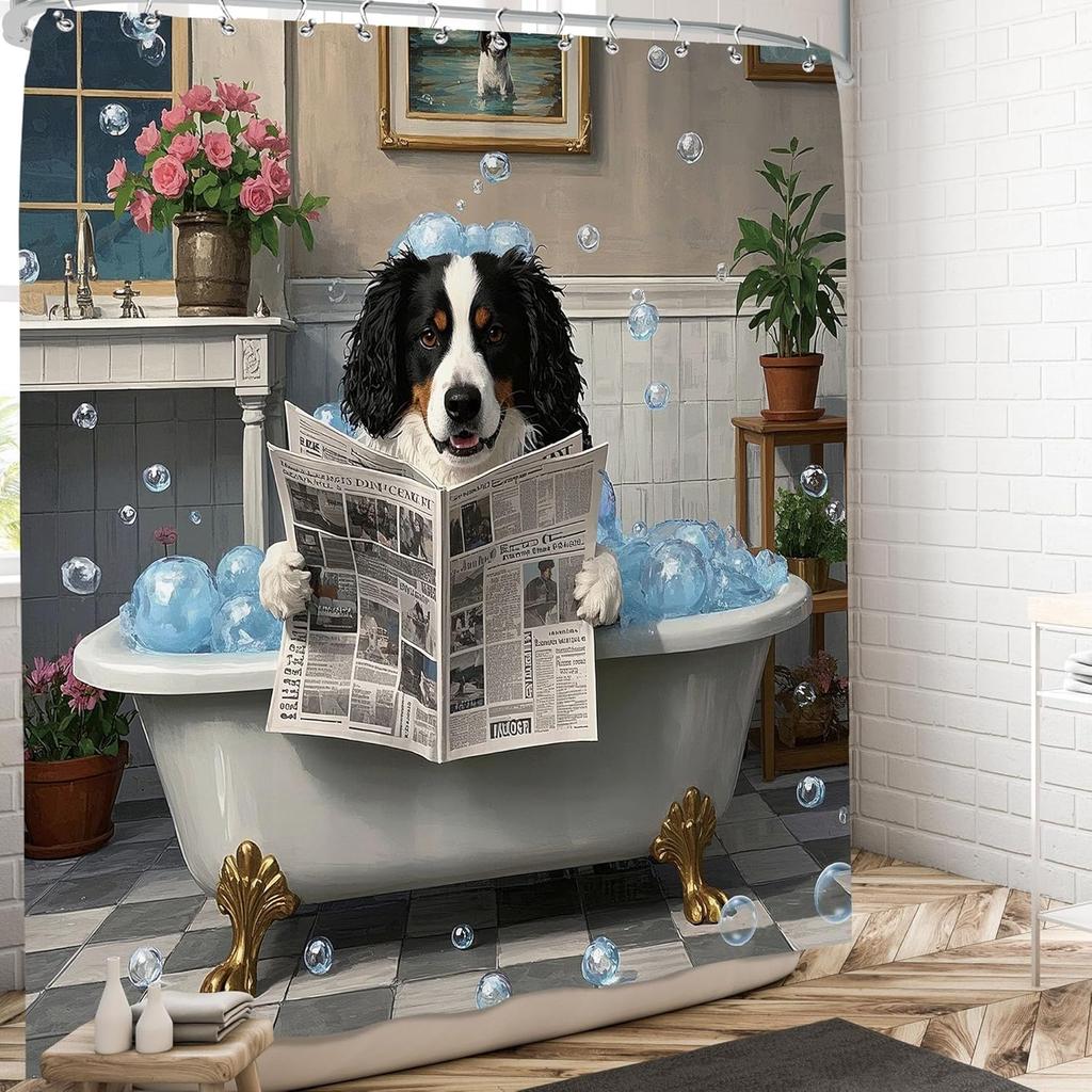 Cute Dog Shower Curtain Funny Animal Shower Curtains Set Fun Puppy Cartoon Teddy in Bathtub Flower Rustic Country Daisy Boys