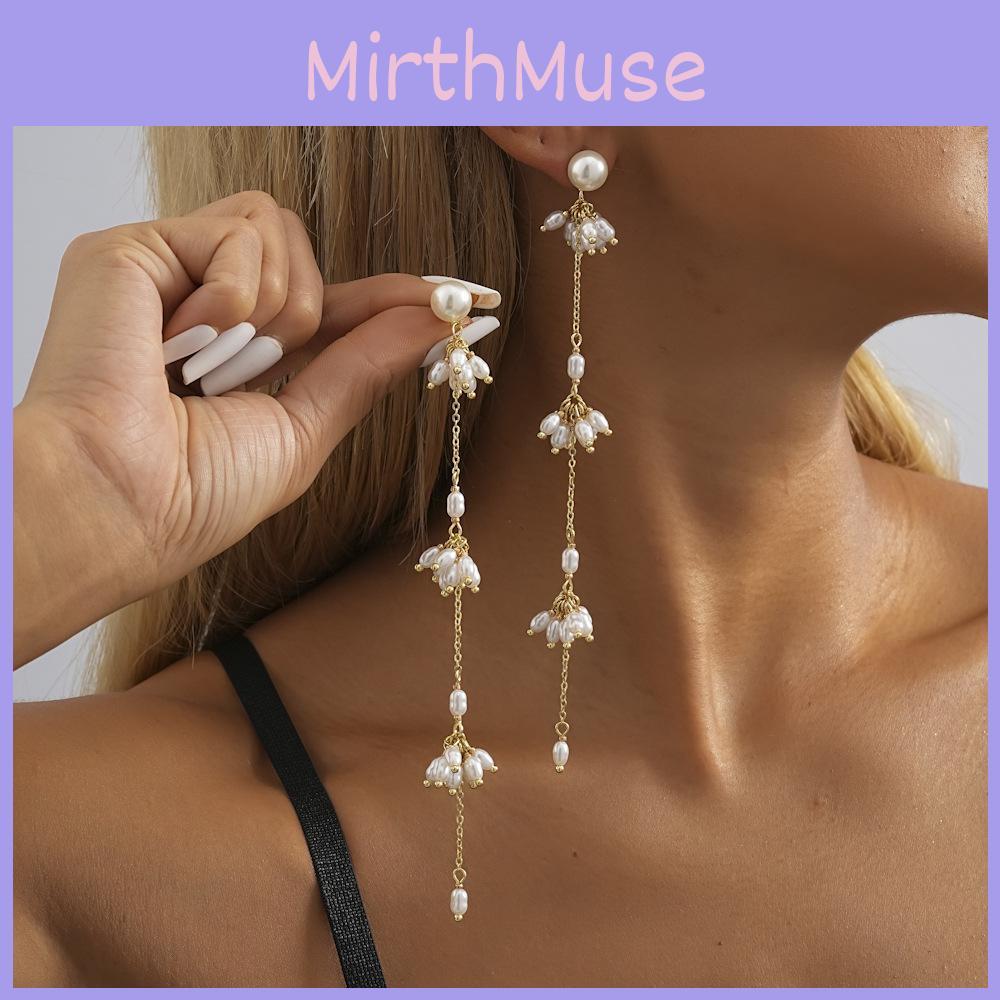 Stylish Copper Gold Chain Dangle Earrings With Faux Pearl Accents