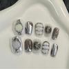 Cat Eye False Nails Short Square Handmade Fake Nails Irregular Metal Press On Nails Silver Glitter Design Sweet Cool Girls New