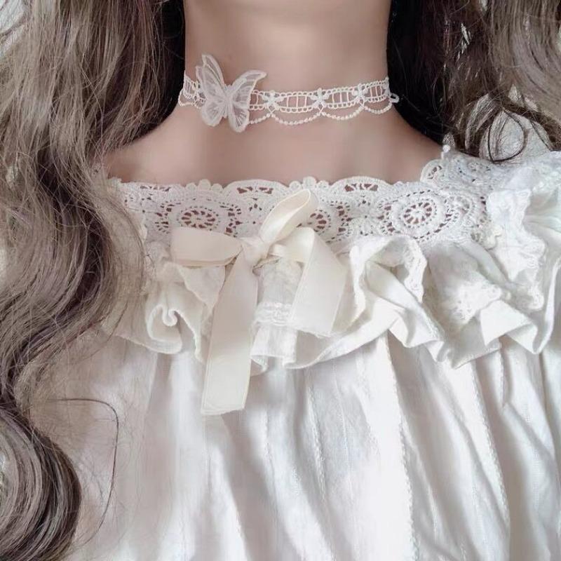 Französisches Süßes Spitze Schmetterling Vielseitiges Schlüsselbein Choker Halskette Für Frauen