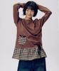 SOME PLACE Side Shirred Check Contrast Frill Button Layered Long Sleeve T-Shirt [Brown]