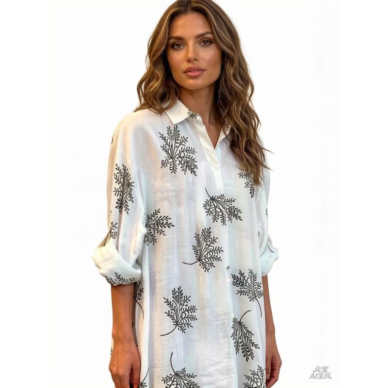 Women Clothing European Style Spring and Summer Fashion Print Loose Fit Long Sleeve Casual S белый