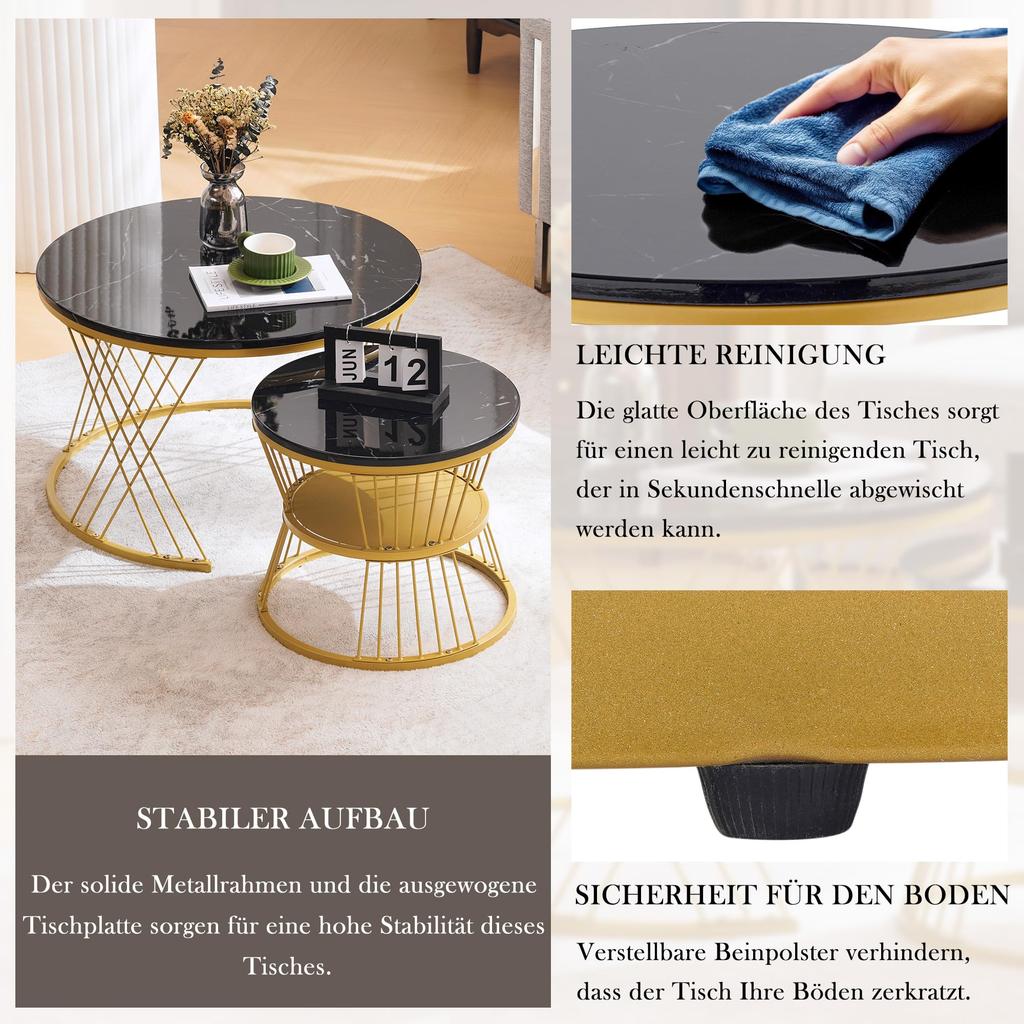 Couchtisch 2er Set, Hochglanz Wohnzimmertisch, Coffee Table mit Stauraum, für Wohnzimmer, Balkon, Metallgestell, Gold und Schwarz
