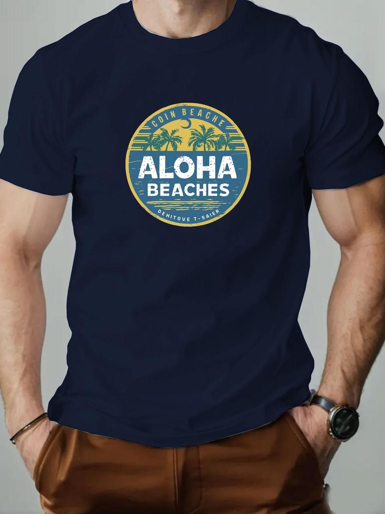 2025 New Hot Sale Mens Summer Short Sleeve TShirt with Aloha Beaches Retro Palm Tree Print Casual Soft Breathable Cotton Tee