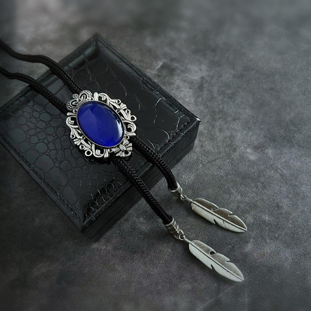 Men Vintage Bolo Tie Western Cowboy Antique Stone Feathered Pendant Shirt Collar Jewelry Braided Rope Necktie Neckwear