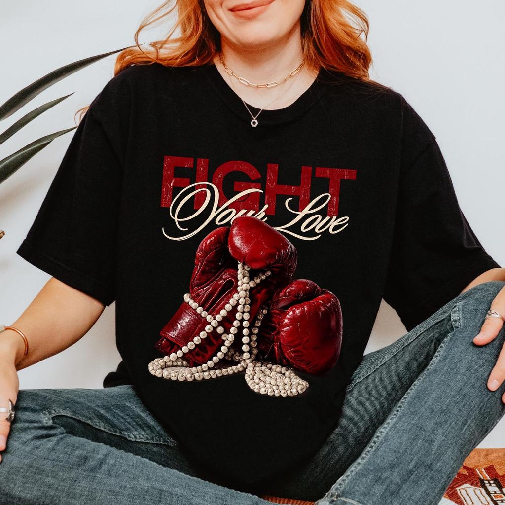 Fight Your Love Shirt, Vintage Boxing Gloves Tee, Romantic Grunge Graphic T-Shirt, Coquette Streetwear, Y2K Aesthetic Gift, Pearl Retro Tee