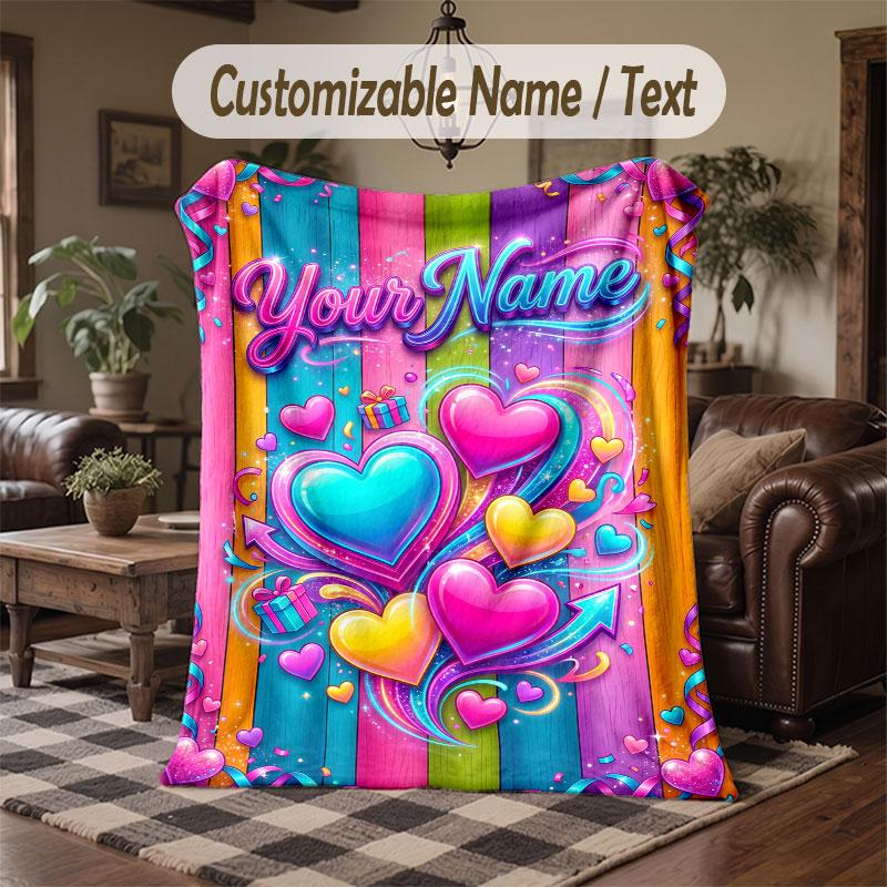 Love Hearts Theme Throw Blanket Custom Name Text Personalized Blanket Soft Cozy Blanket for Home Sofa Bed