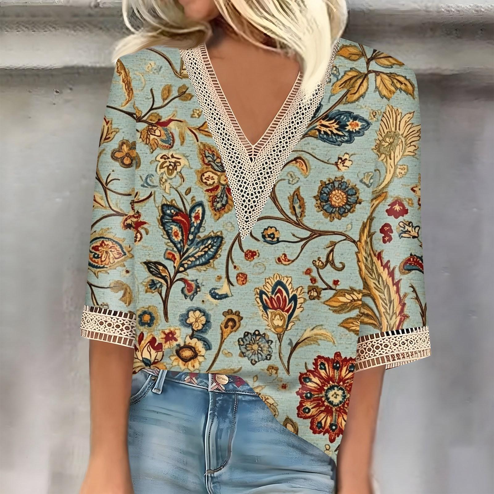 

Женский кружевной топ с винтажным принтом и рукавами три четверти XL