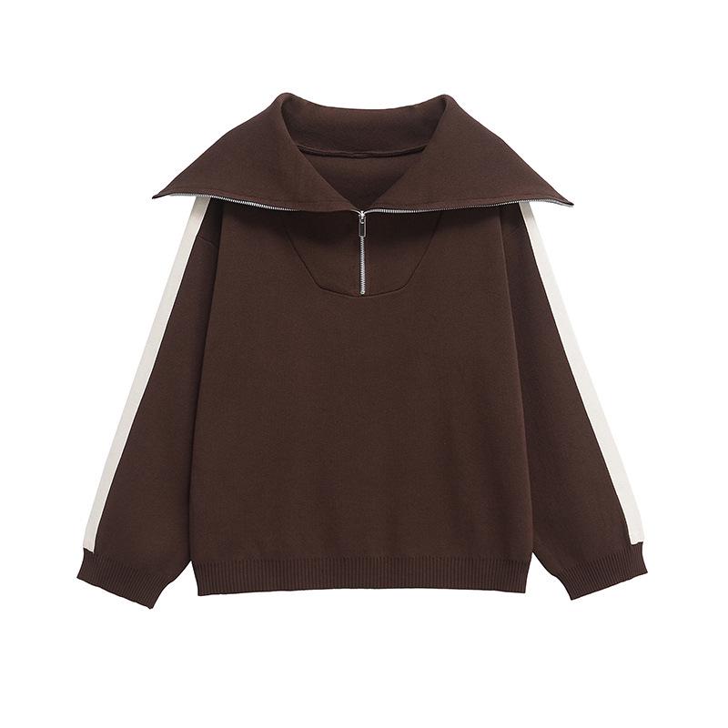 Women's Spring Coffee Stripe Pullover Sweater & Color Block Knit Pants Set