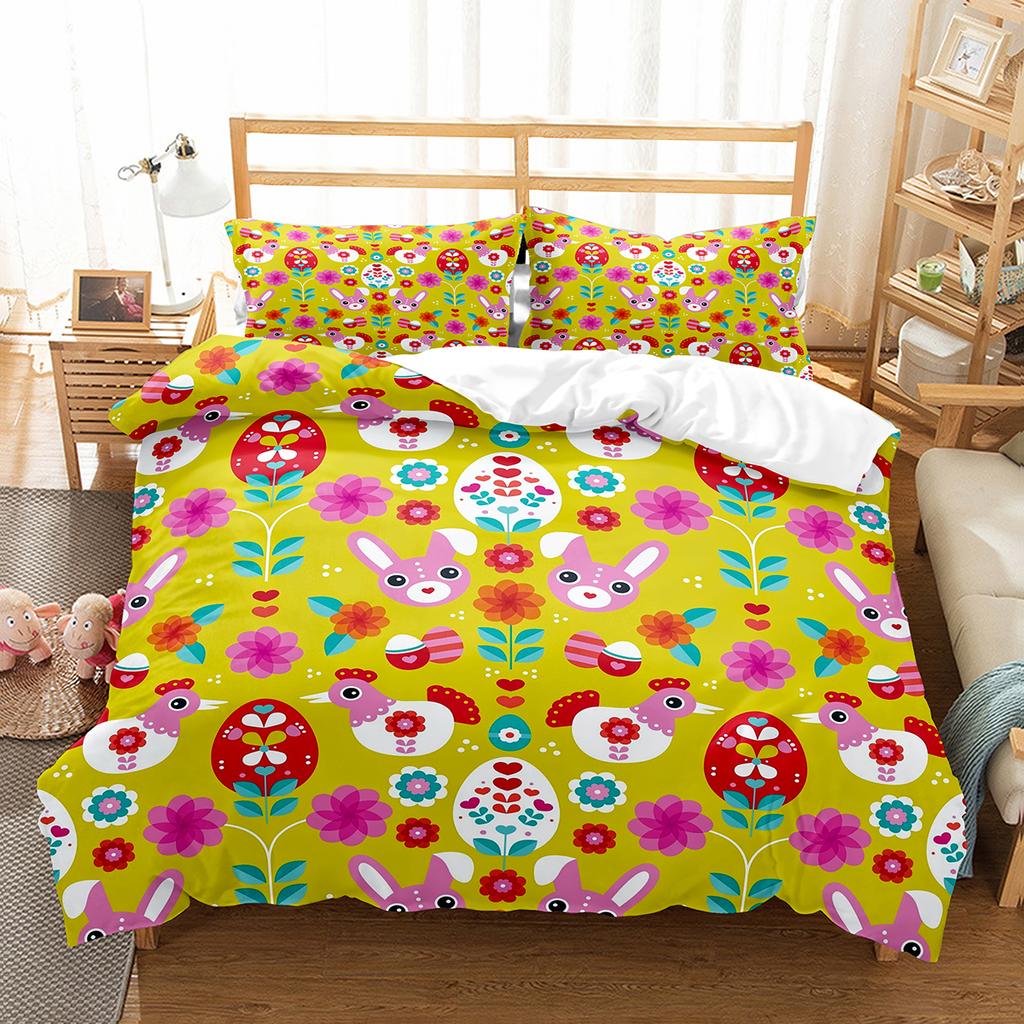 Cartoon Rabbit Duvet Cover Set Twin Queen Colorful Eggs Bedding Set Microfiber Floral Comforter Cover For Girls Boys Easter Gift