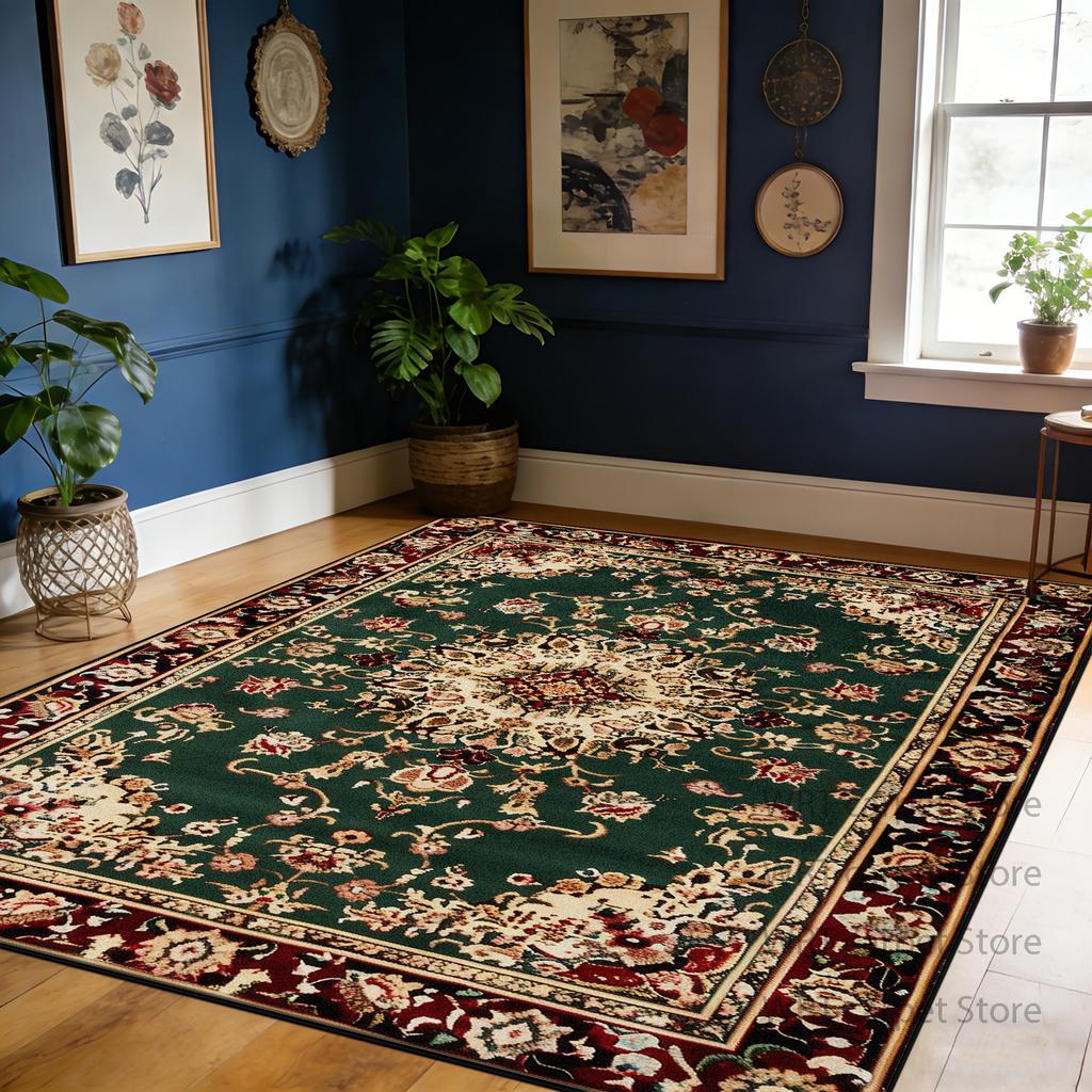 Retro Red Living Room Carpet Flower Pattern Decoration Large Area Soft Rug Bedroom Dining Room Washable Non-slip Mat Pile Fabric