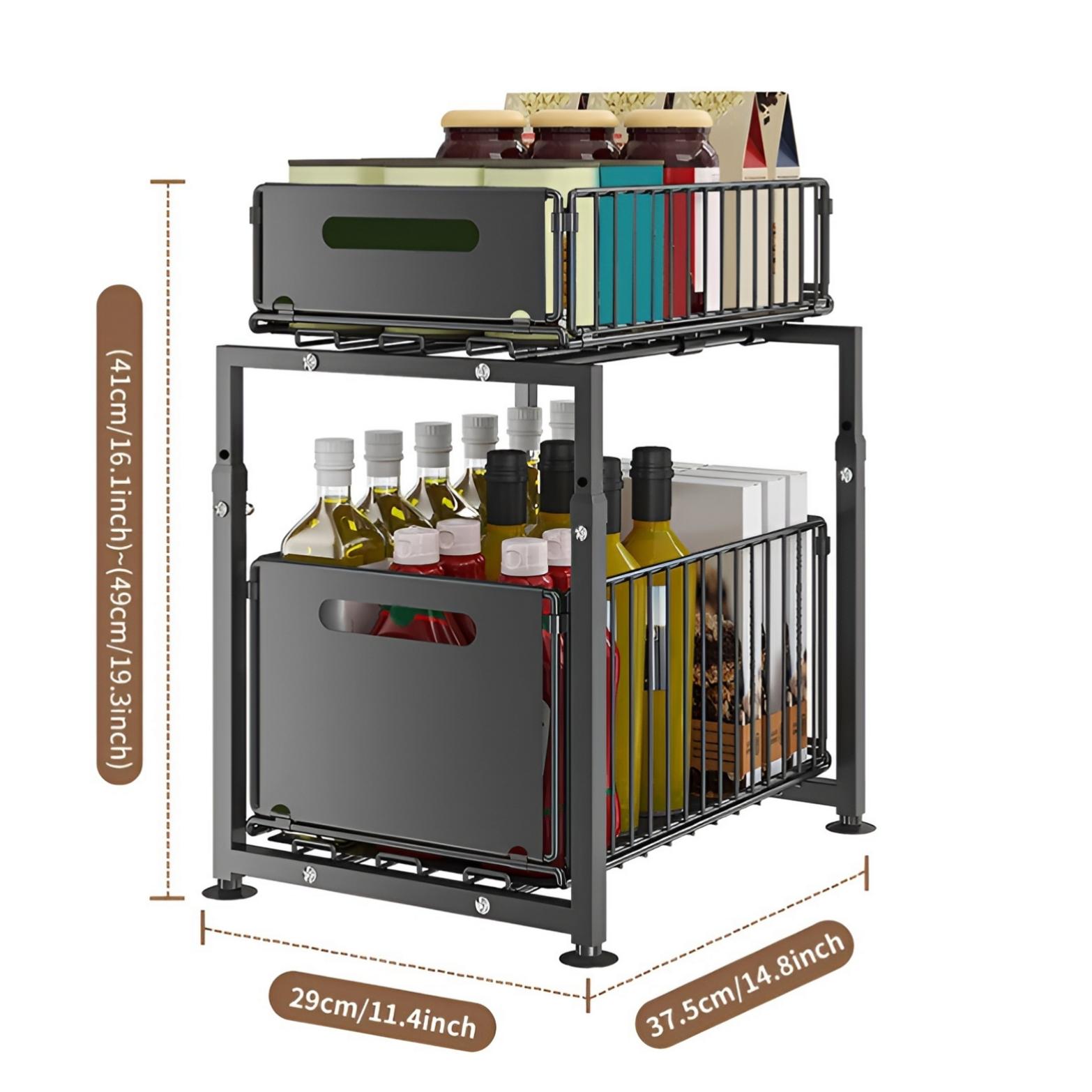 

Double Drawer Sink Storage Rack Adjustable Height Household Sliding Cabinet Basket Space Saving Kitchen Storage Rack чёрный