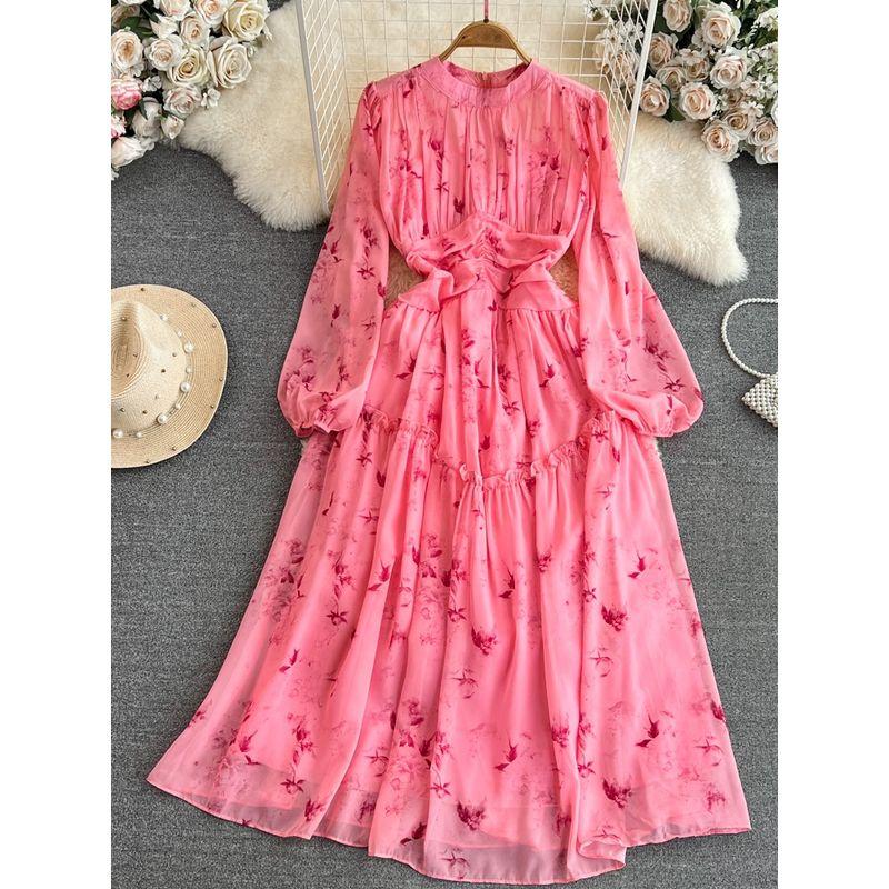 Accessible Luxury Lantern Long Sleeve Stand Collar Elegance Chiffon Dress