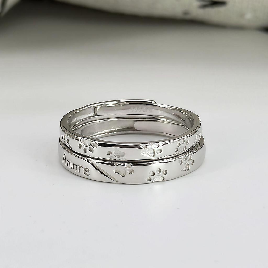 Bagues de Couple Chat & Chien en Argent Sterling 999 - Mignonnes, Luxe Léger Argent Pur Bestseller Qixi.