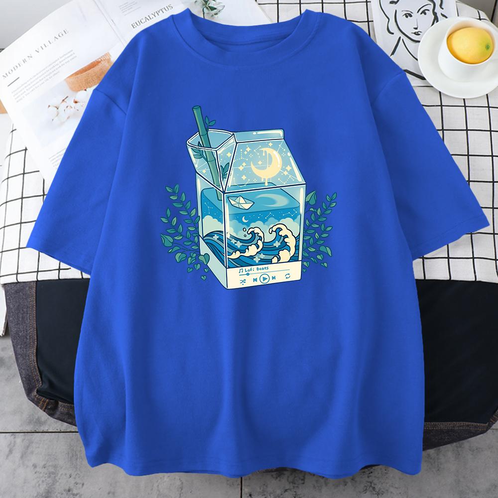 Milk Box Moonlight Waves Prints Man Cotton Clothing Creativity Casual Crewneck T-Shirts Mens Short Sleeve