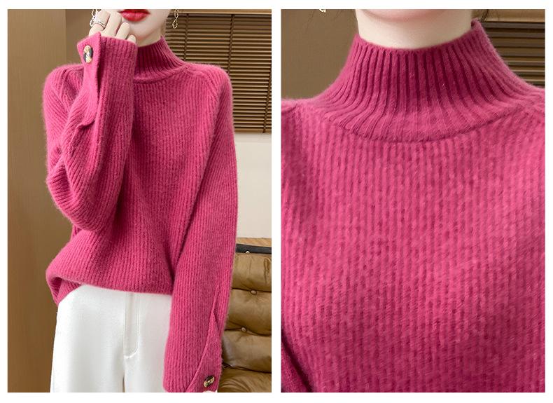Women's Thick Wool Knit Pullover Sweater - Half-High Neck, Loose Fit, Cozy Style
