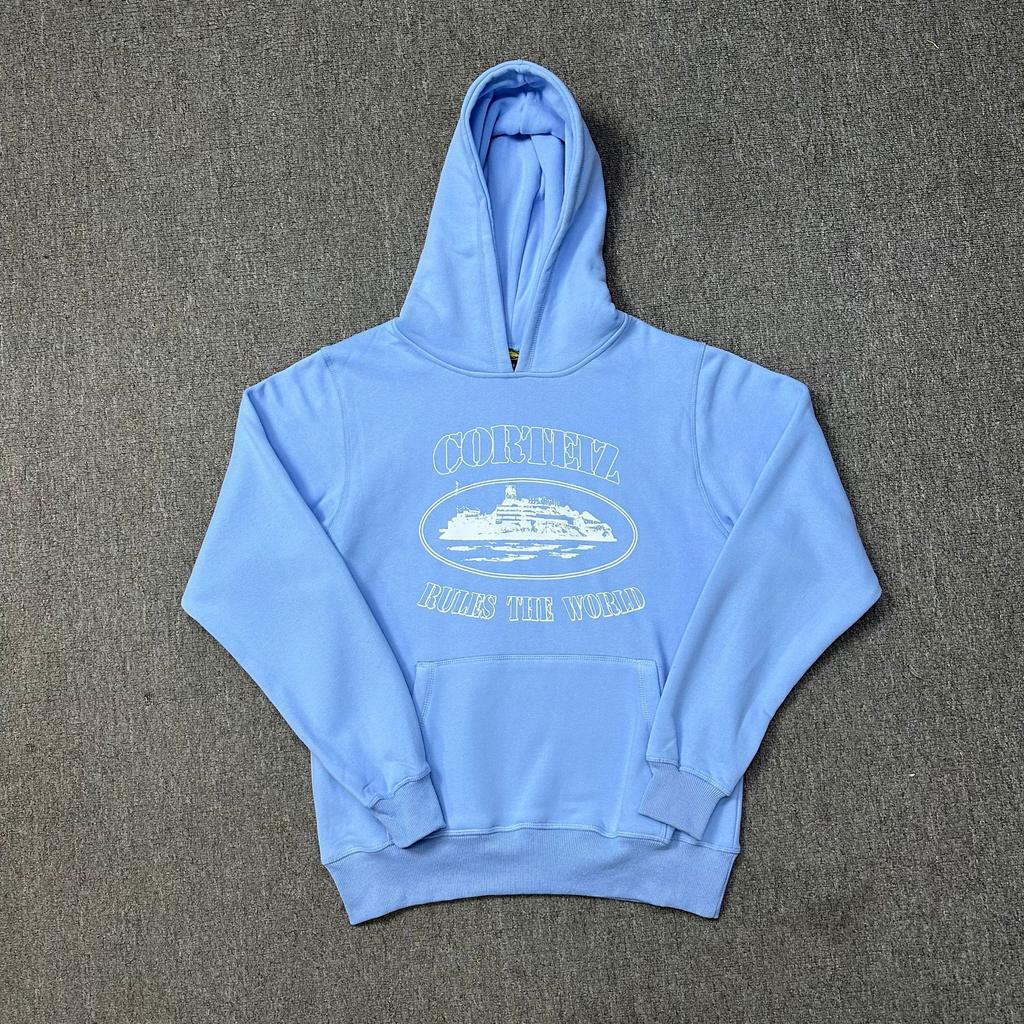 Corteiz Classic Series Ship Print Logo Thin Plush Loop Hooded Sweater, Trendy Men's and Women's Casual Sweatpants