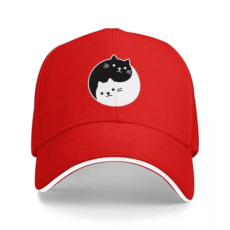 Yin Yang Cat Design Baseball Cap Black and White Feline Pattern Adjustable Hat for Casual Wear and Fashion StateUnisexts