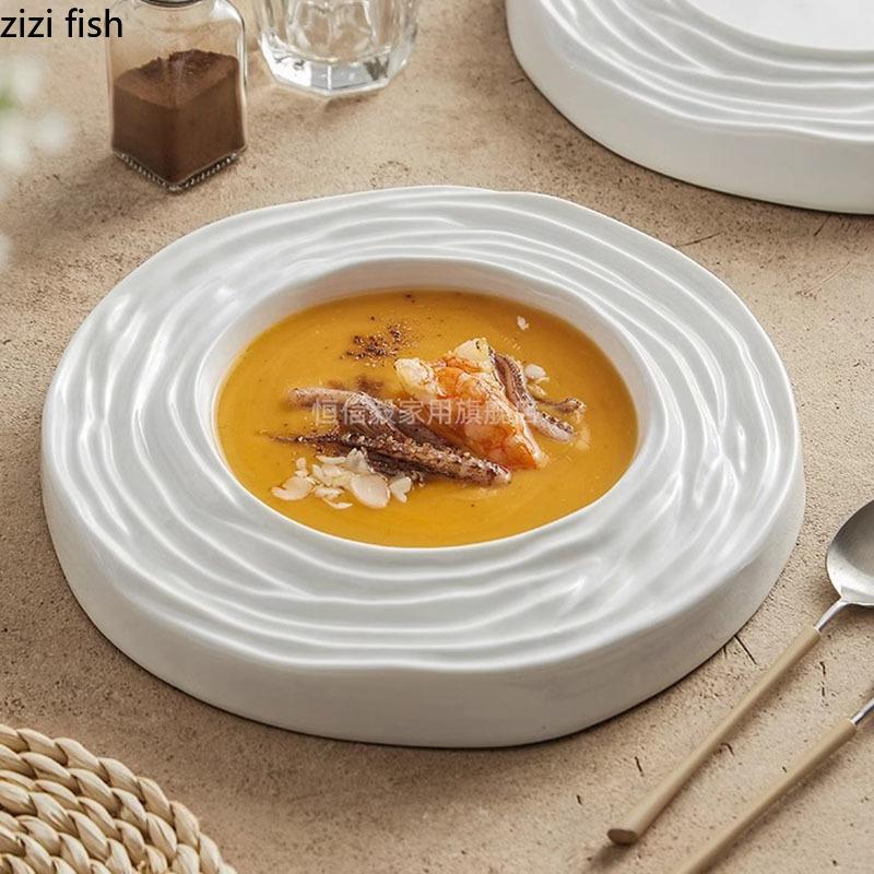 Pure White Ceramic Water Wave Pattern Thick Soup Plate Dessert Plate Sushi Dish Restaurant Molecular Cuisine Specialty Tableware