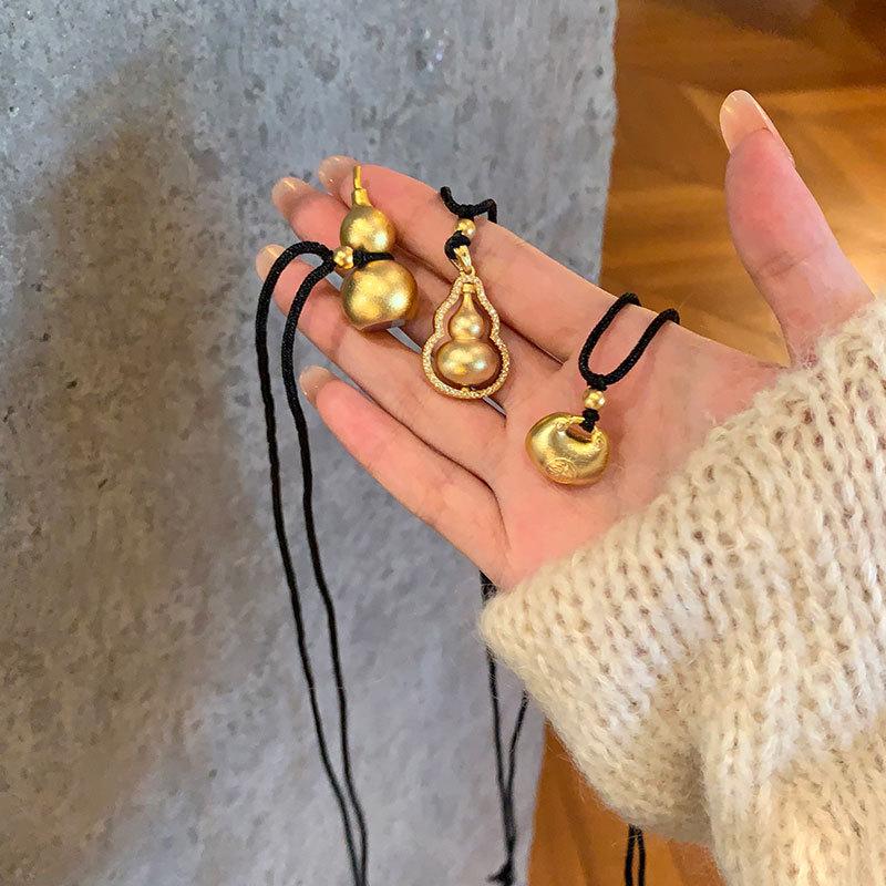 Sand Gold Gourd Small Fat Blessing Pendant Woven Rope Necklace Women'S New Chinese Retro Light Luxury Versatile Neck Chain Sweater Chain