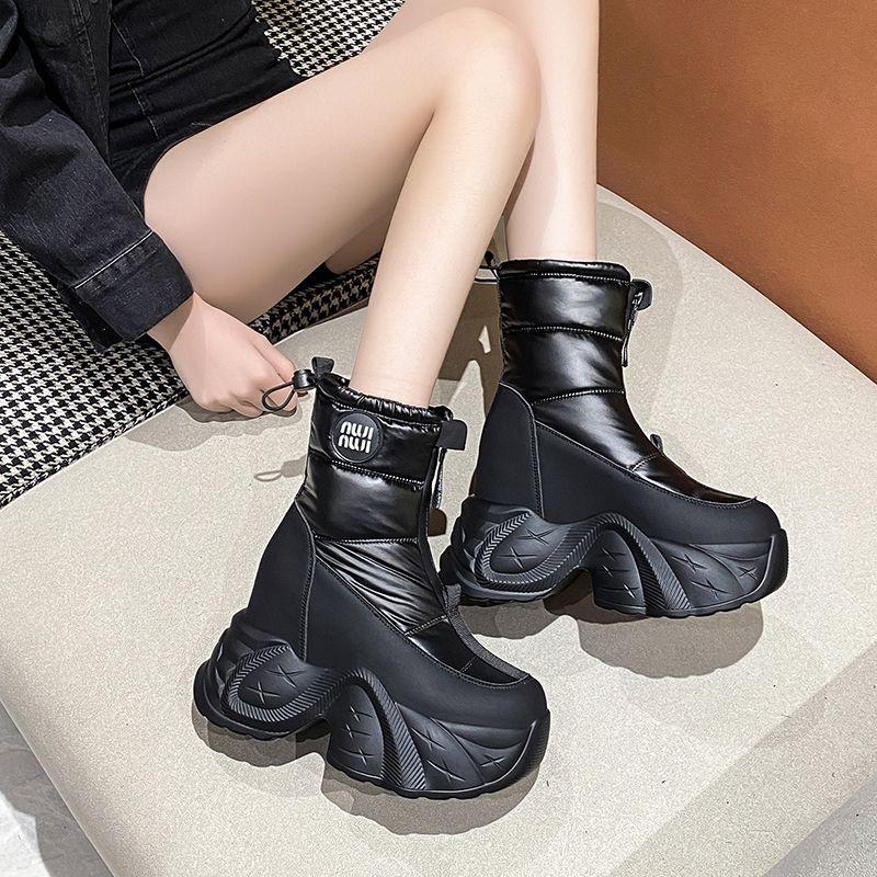 Winter Women's Fur Snow Boots Keep Warm Chunky Short Boots Outdoor Plush Mid-calf Shoes 10CM Platform Anti-skid Leather Sneakers