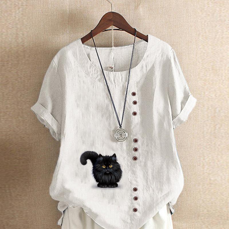 Women's Fashion Black Cat Prined Round Neck Short Sleeve T-shirt Casual Cotton Linen Graphic Shirt Leisure Loose Summer Blouse Tops