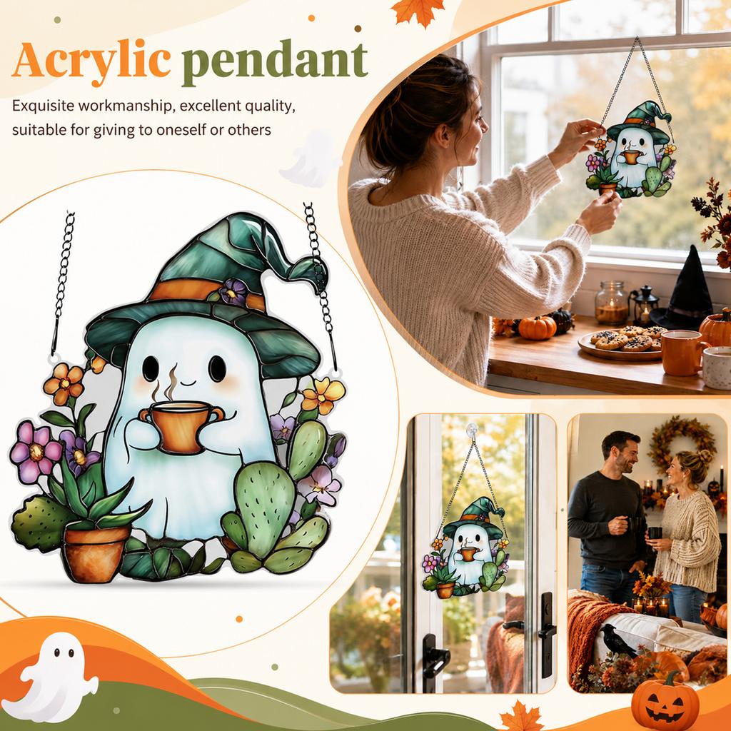 Acrylic Hanging Ornament 2D Ghost with Witch Hat and Plants Decorative Window Suncatcher for Indoor Use with Chain