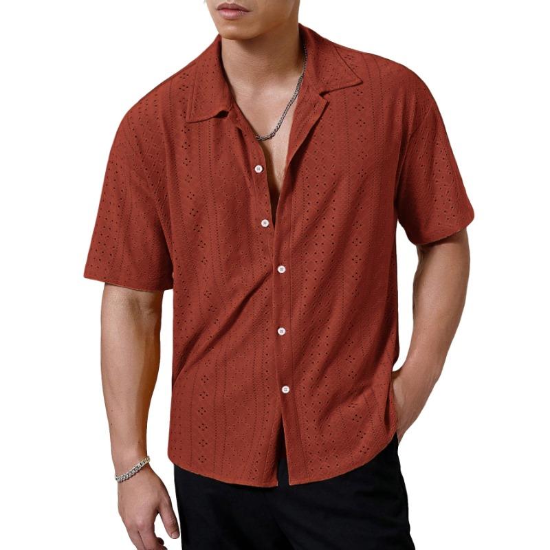 Men's White Eyelet Textured Short Sleeve Shirt, Casual Camp Collar Button Down Summer Top