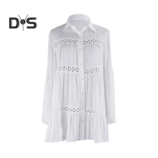 Beach Bikini Cover Up Shirt Lapel Flared Long Sleeve Single Breasted Swimsuit Coat Hollow Out Women Mid-length Shirt