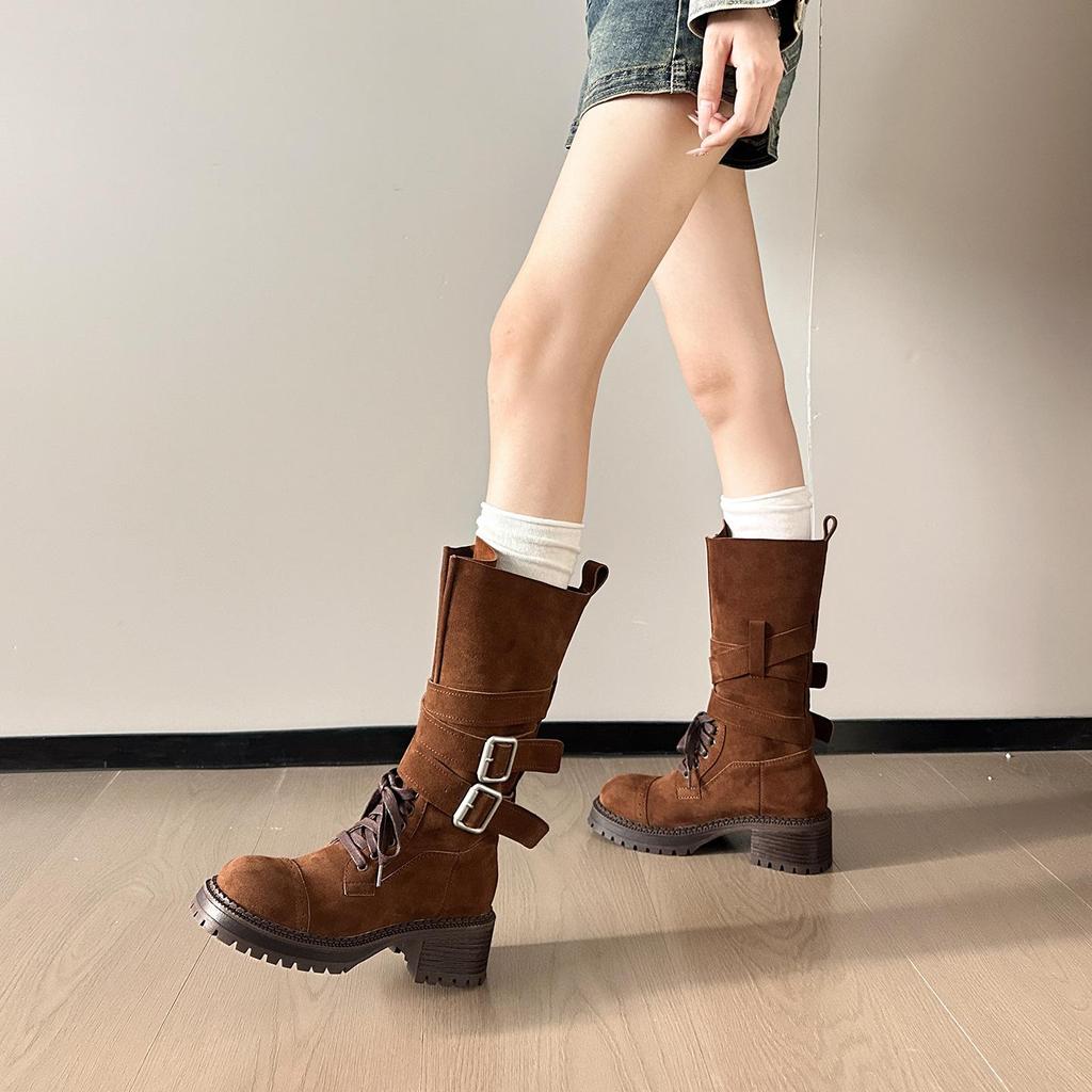 Autumn 2025 Genuine Leather Retro Mid-Calf Buckle Boots - Western Chunky Heel Motorcycle Style