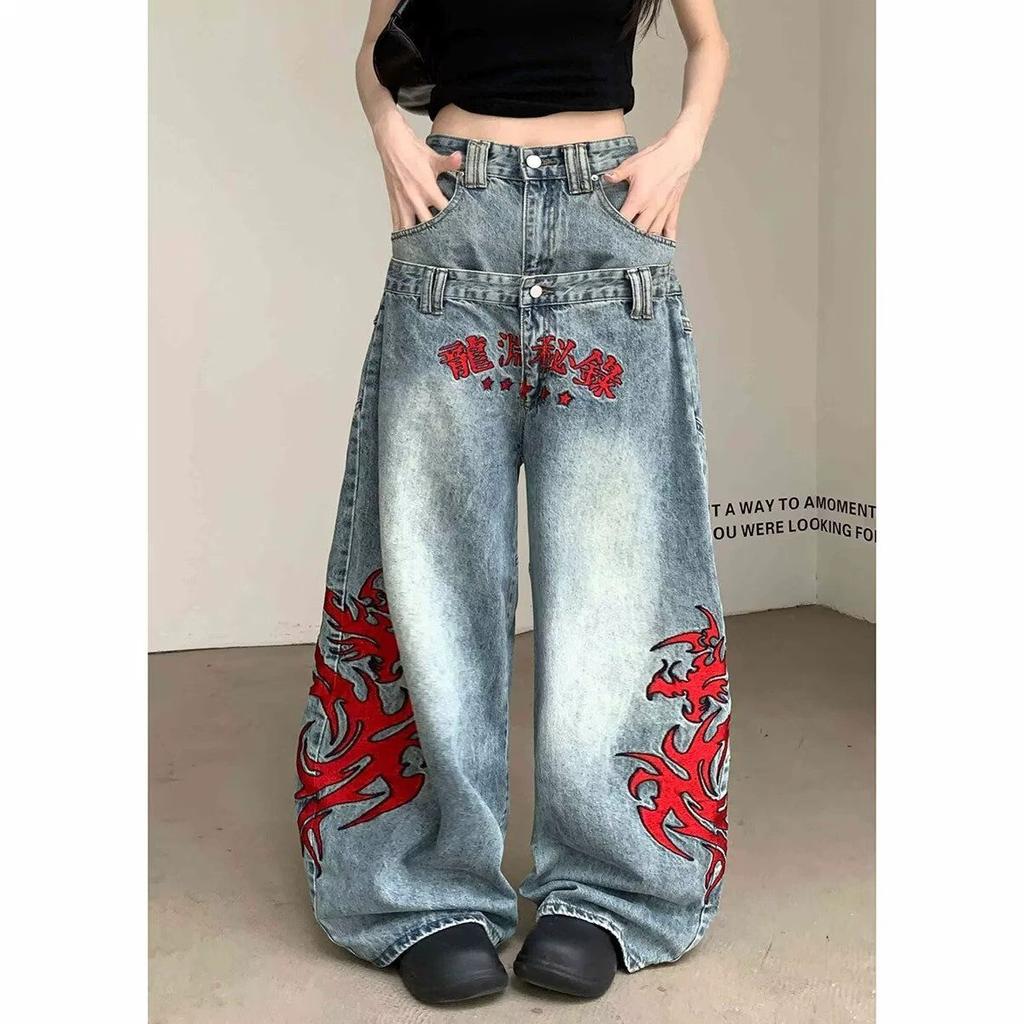 American High Street Spice Retro Embroidery Graffiti Print Jeans Women's Summer New Loose and Thin Trousers Wide-leg Trousers