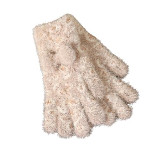 1 Pair Knitted Gloves Leopard Print Plush Warm Winter Gloves with Tie-Dye Color Bow Decoration Touchscreen Gloves