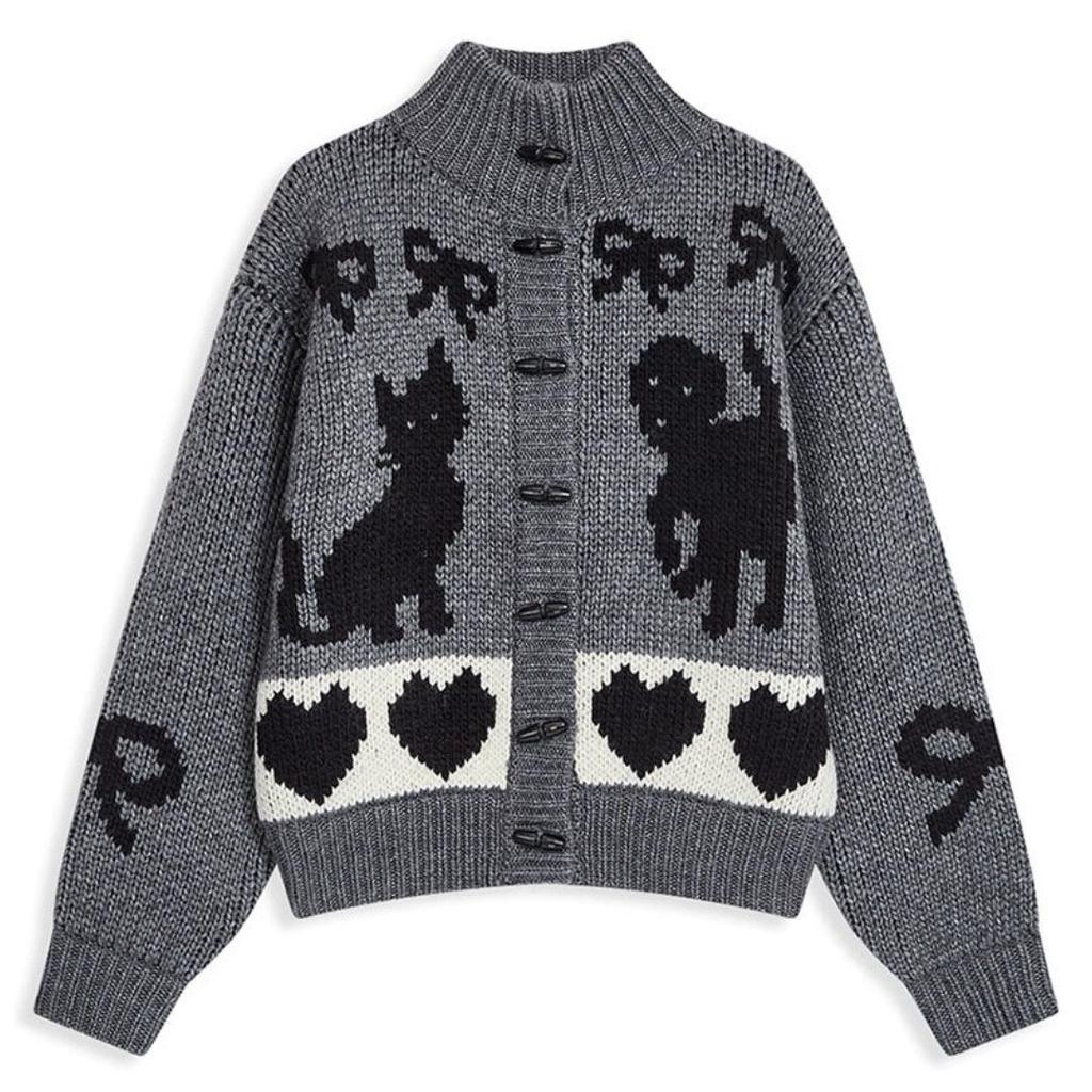 In-Stock Korean Retro Bow Jacquard Cardigan Sweater for Women