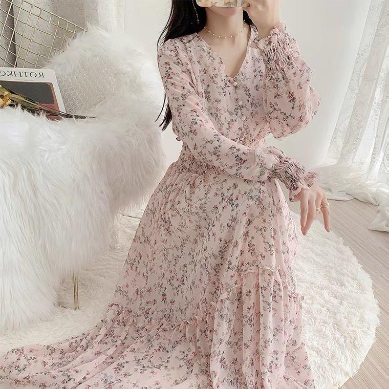 Dresses Layers Two Autumn Spring Fashion Female Printed Floral Long Sleeve Vneck Aline Casual Dress Women Chiffon Dresses With Lining