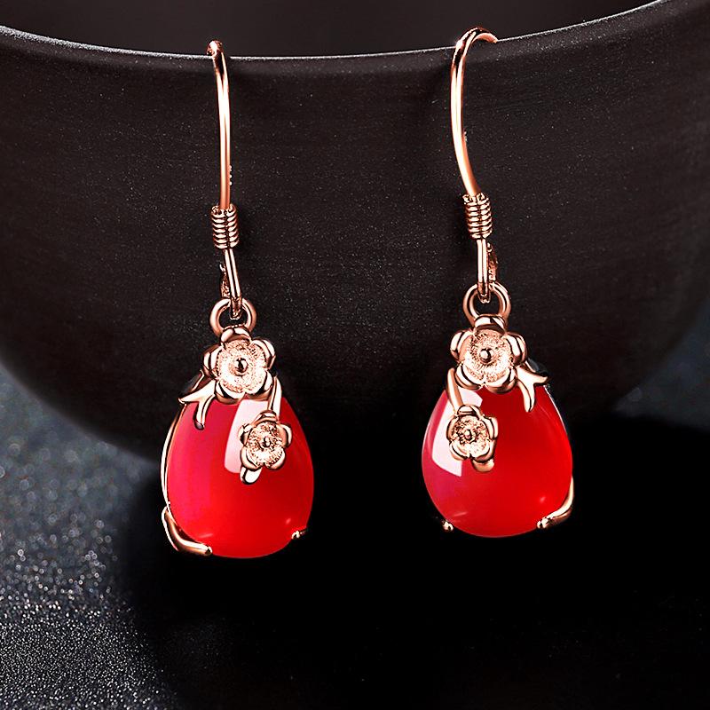 

Retro 925 Silver Jewelry Earrings Water Drop Created Emerald Gemstone Flower Shape Drop Earring for Women Wedding Promise Party красный