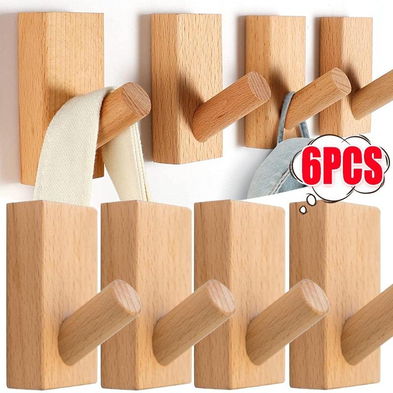 Wooden Wall Hooks Wall Mounted Self Adhesive Wood Hook with Glue Heavy Duty Hangers Rack for Towel Key Hat Home Organizer Holder