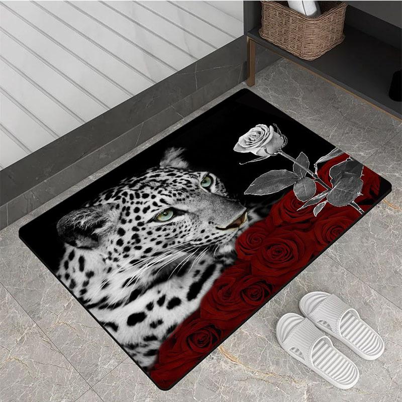 White Leopard and Roses Area Rug - Floral Animal Pattern Non-Slip Floor Mat for Living Room, Bedroom