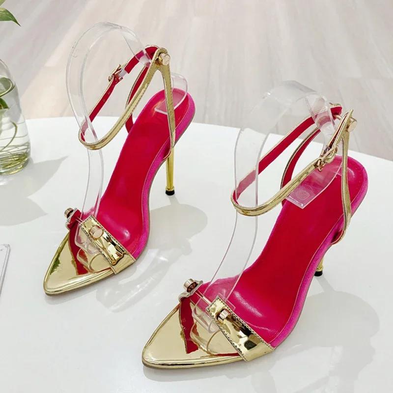 

Модные роскошные дизайнерские сексуальные босоножки на тонком высоком каблуке с заклепками для женщин 2025 года с острым носком и ремешком на щиколотке на высоком каблуке для свадебного банкета 41 золотистый