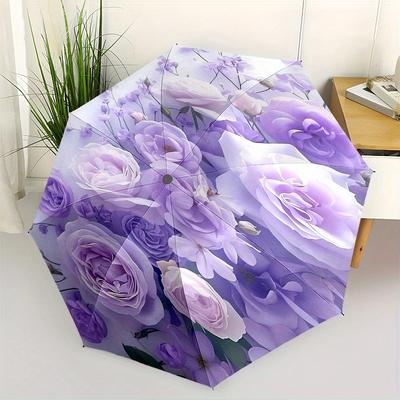 Floral ArrangementPurple Roses Automatic Folding Umbrella  8 Ribs, Durable Iron Frame, Bright Color Pattern Compact Travel Umbrella, Suitabl
